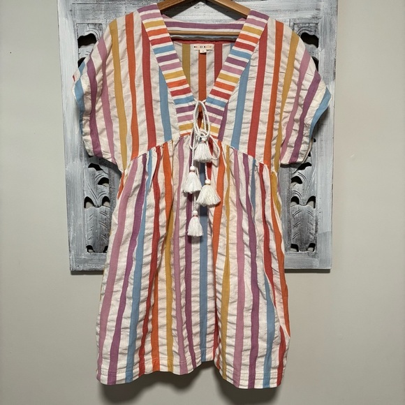 Roller Rabbit Nattie Caftan Rainbow Striped Cotton Tunic Dress Swim Cover - Picture 1 of 6